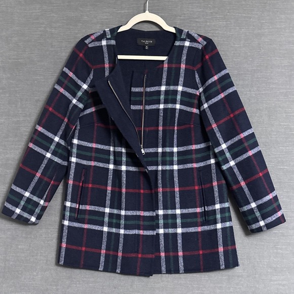 Talbots Jacket M PETITE Navy Blue Plaid Wool Blend Preppy Classic Career Holiday - Picture 1 of 10